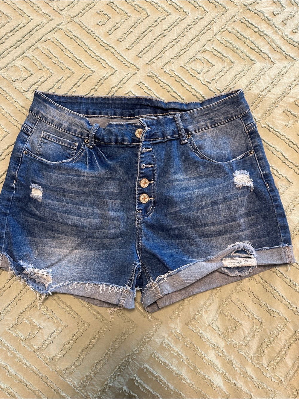 Button-Front Distressed Denim Shorts - Blue